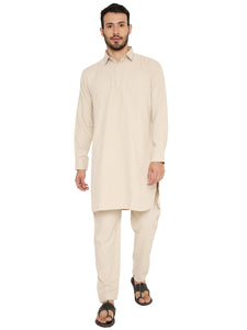 Men's  Wrinkle Free Poly Blend Pathani Set in Beige for Men [MSKP152]