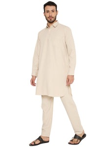 Men's  Wrinkle Free Poly Blend Pathani Set in Beige for Men [MSKP152]