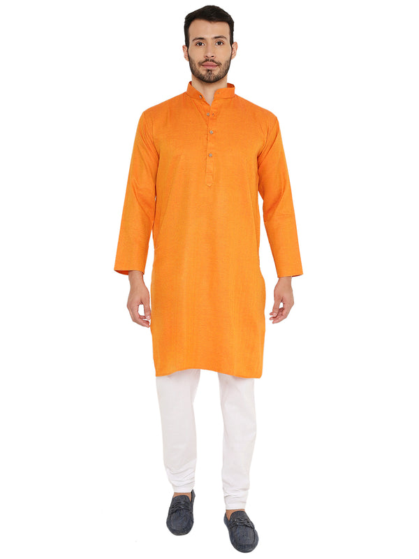 Pure Linen Premium Kurta in Orange with mandarin collar and button placket, ideal for casual and festive wear. Soft, elegant fabric for comfort.