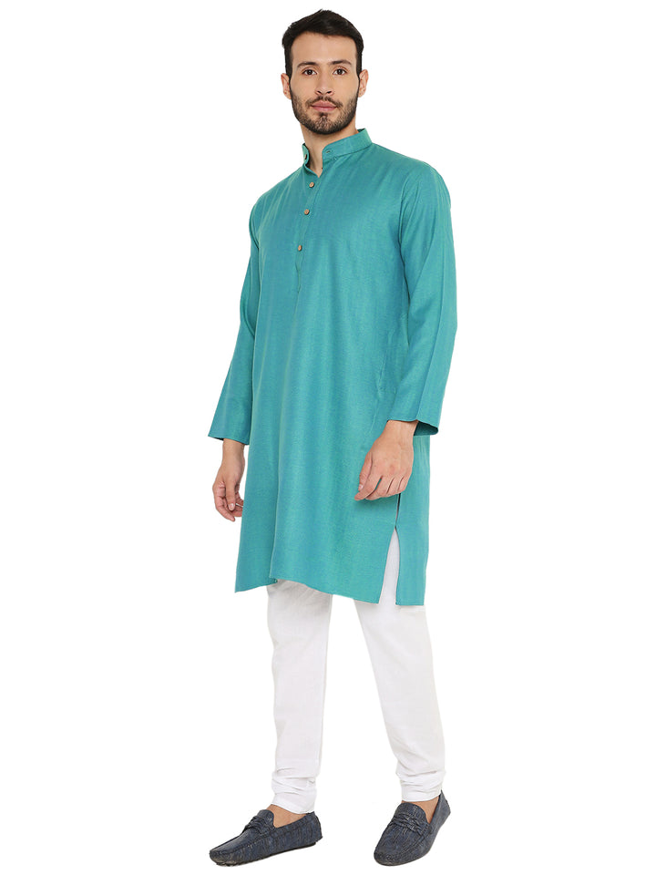 Pure Linen Premium Kurta in Green featuring a straight cut and mandarin collar, ideal for festive and everyday occasions.