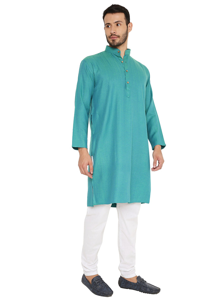 Minimal print Green Linen Kurta Set with button placket and long sleeves, crafted for breathable comfort and refined style.