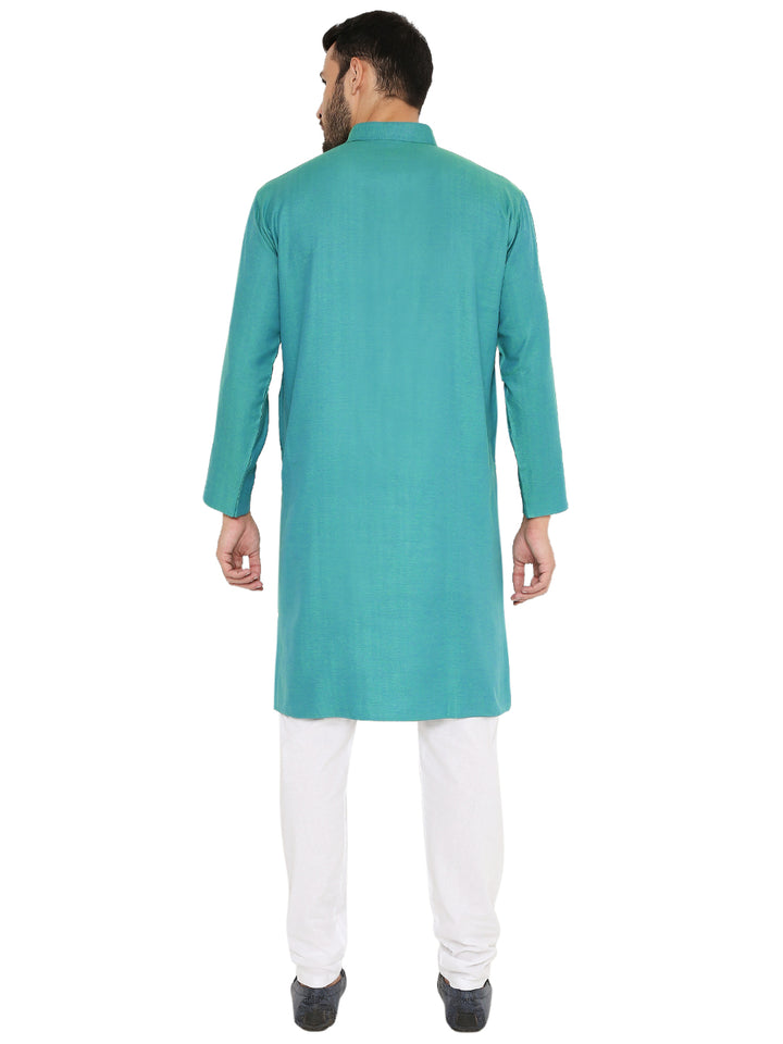 Back view of Green Linen Kurta showcasing clean tailoring and lightweight fabric, perfect for traditional and casual settings.