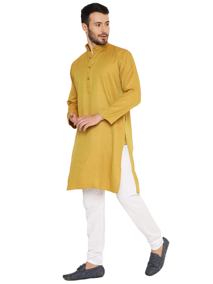 Side view of Pure Yellow Linen Kurta with mandarin collar and button placket, styled for comfort and elegance in casual ethnic wear.