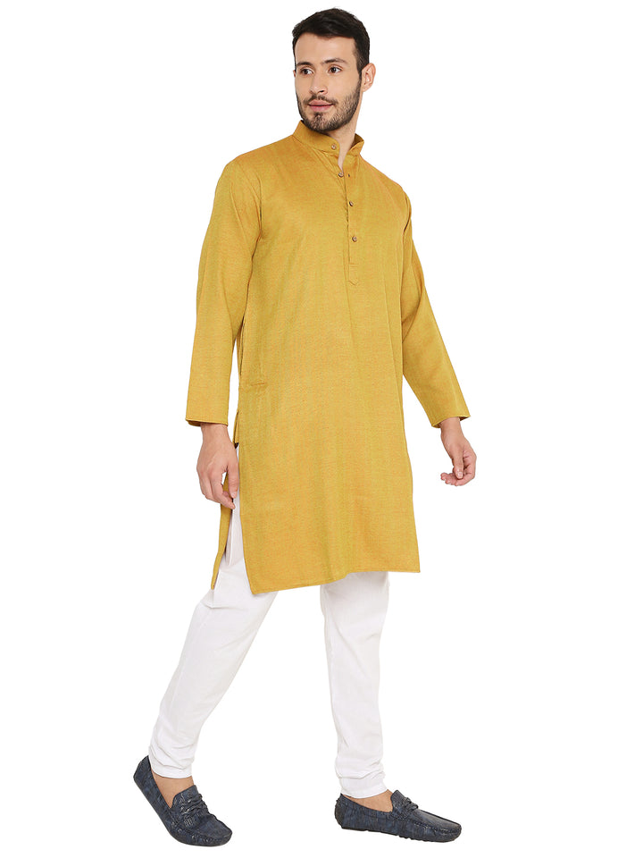 Pure Yellow Linen Kurta in a relaxed fit with long sleeves and side slits, perfect for casual or ceremonial clothing needs.