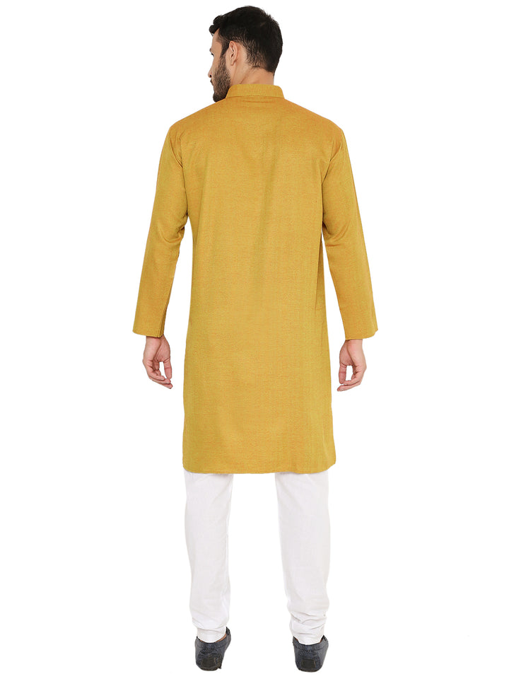 Back view of Pure Yellow Linen Kurta showcasing clean tailoring and soft linen texture, ideal for traditional casual outfits.