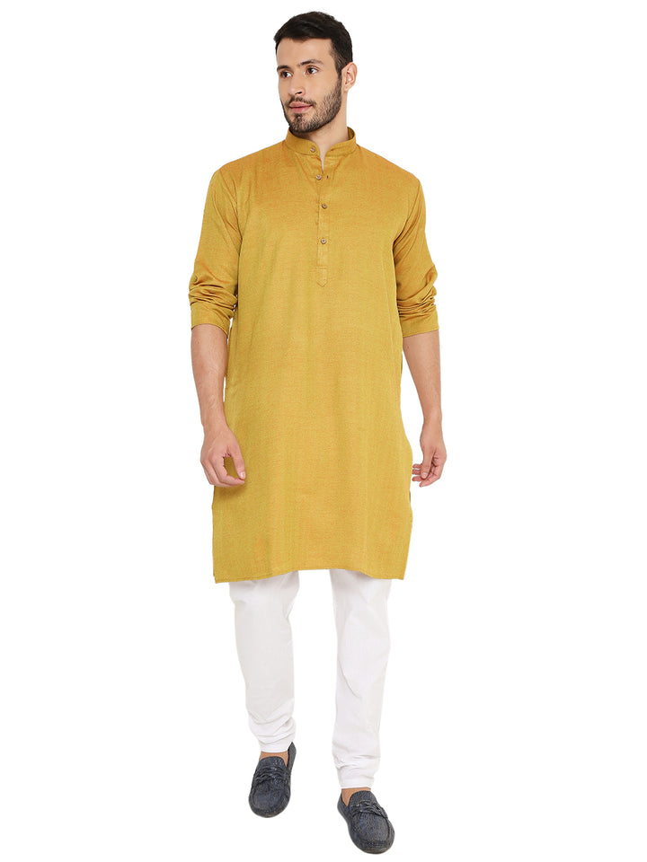 Pure Yellow Linen Kurta with rolled-up sleeves, combining breathable fabric and modern ethnic style for everyday traditional wear.
