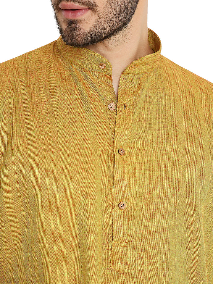 Close-up of Pure Yellow Linen Kurta's button placket and mandarin collar, highlighting the fine weave and soft linen material.