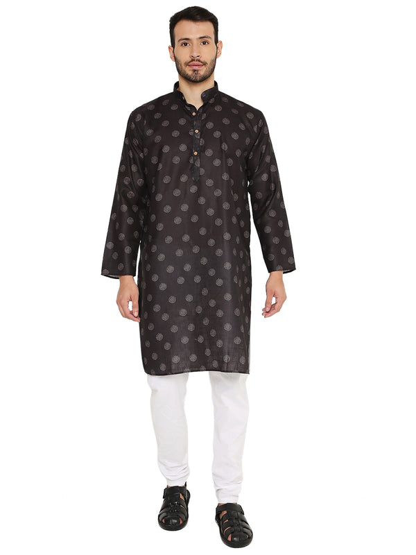 Printed Linen Kurta - Everyday Black Linen with white motifs, styled with white churidar for casual elegance in traditional menswear.