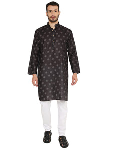 Men's Printed Linen Kurta Pyjama Set in Black for Men [MSKP158]