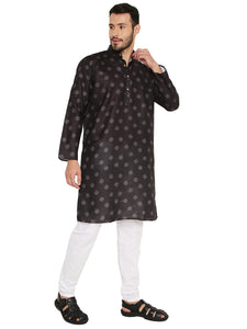 Men's Printed Linen Kurta Pyjama Set in Black for Men [MSKP158]