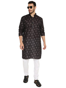 Men's Printed Linen Kurta Pyjama Set in Black for Men [MSKP158]