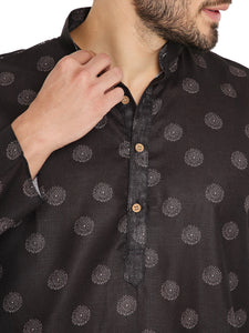 Men's Printed Linen Kurta Pyjama Set in Black for Men [MSKP158]