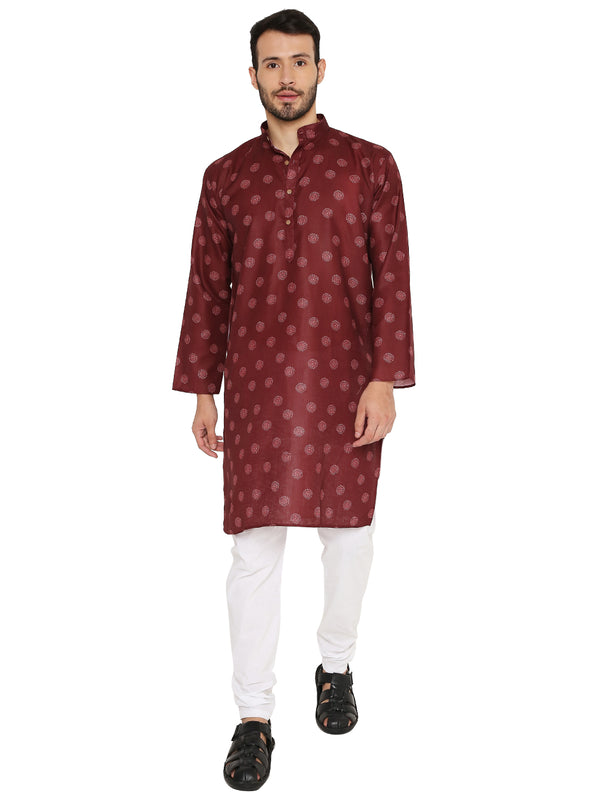 Printed Linen Kurta Maroon - Men's Wear featuring soft fabric and subtle prints, styled with white churidar for festive or casual occasions.