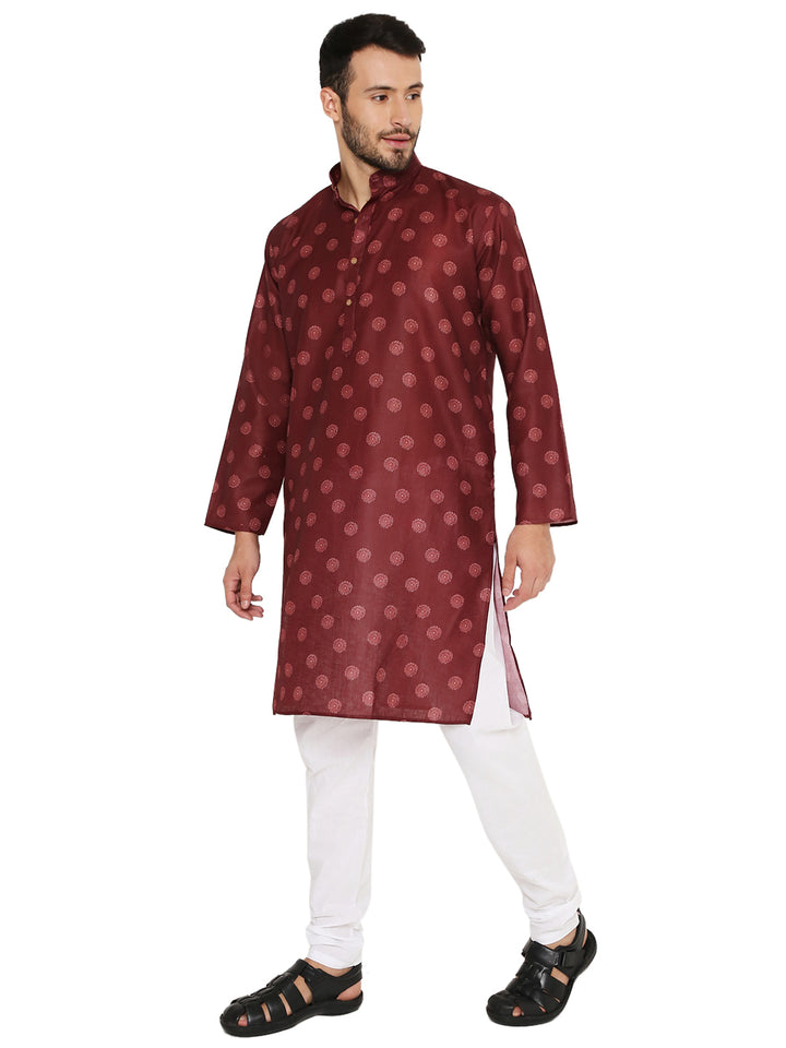 Maroon Printed Linen Kurta Set for Men with minimal circular motifs, side slit design, and breathable fabric for traditional gatherings.