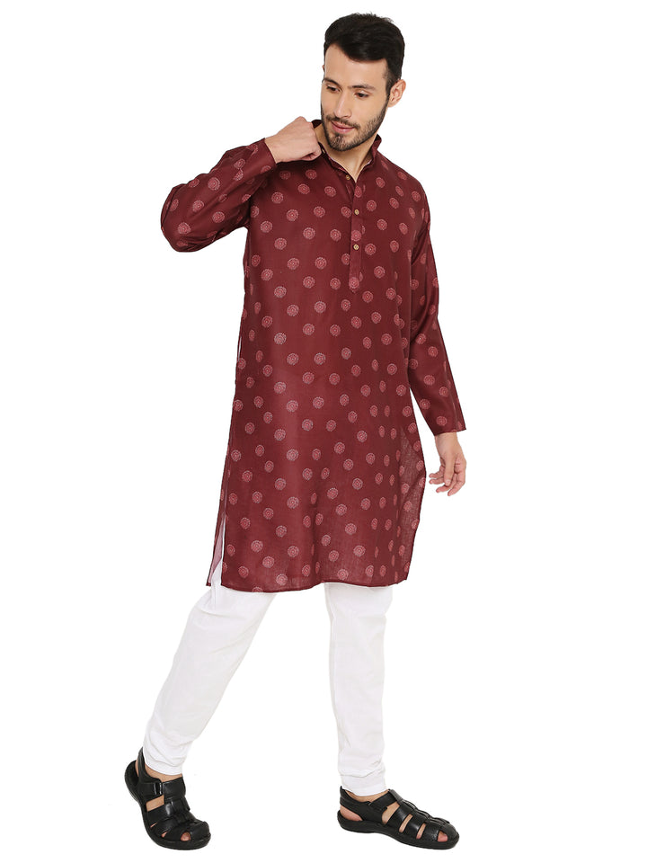 Men's Maroon Linen Kurta with classic prints and mandarin collar, ideal for ethnic wear and ceremonial events in soft, airy fabric.
