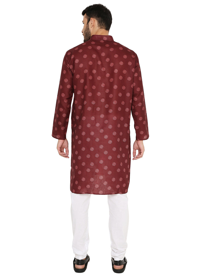 Back view of Printed Linen Kurta Maroon - Men's Wear showing full-sleeve design and straight hem, perfect for traditional attire.
