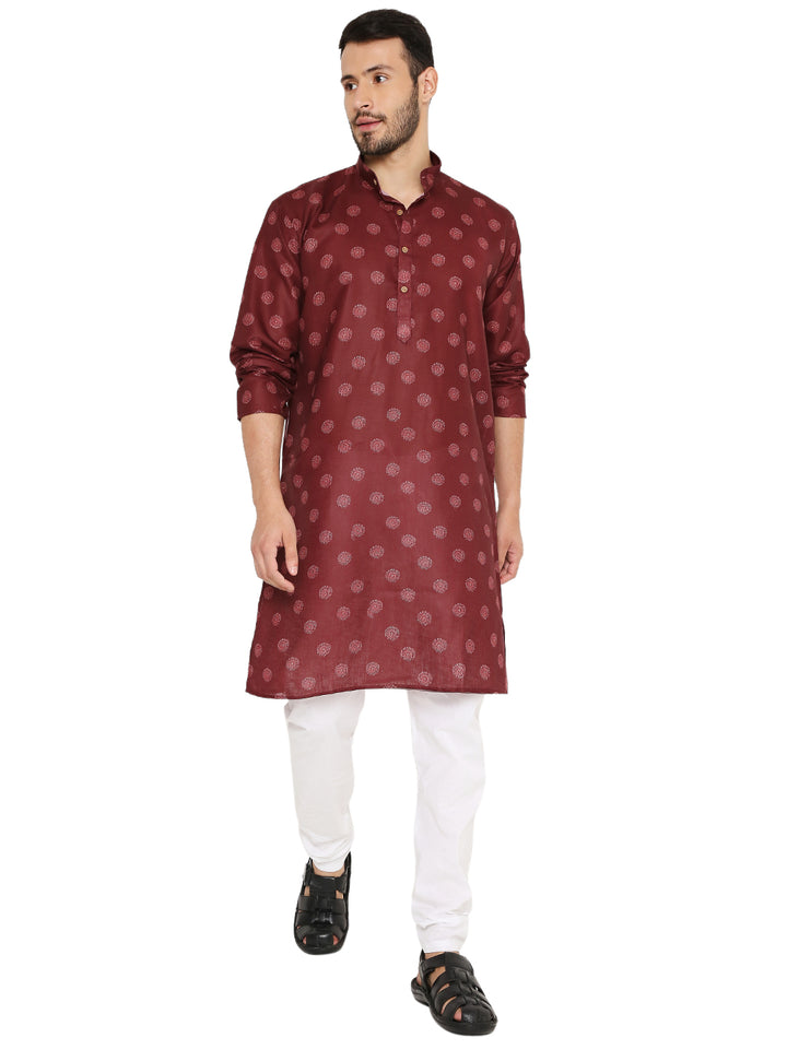 Stylish Maroon Printed Linen Kurta for Men paired with white bottoms, offering a minimal and classic look for festive or casual wear.