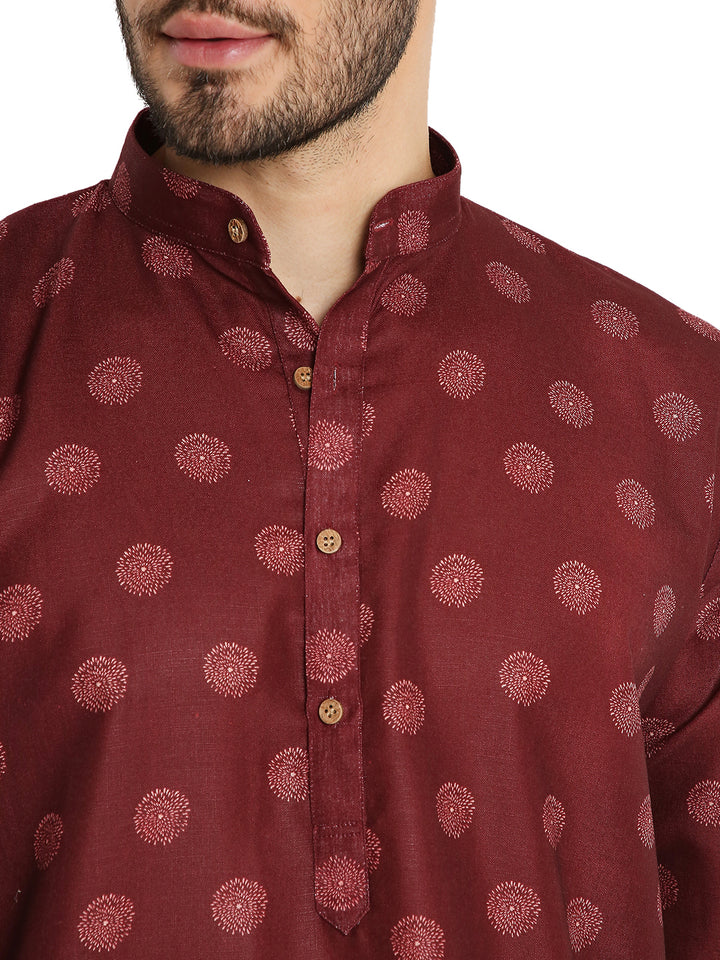 Close-up of Printed Linen Kurta Maroon - Men's Wear showing wooden buttons and fine circular prints on soft, breathable fabric.