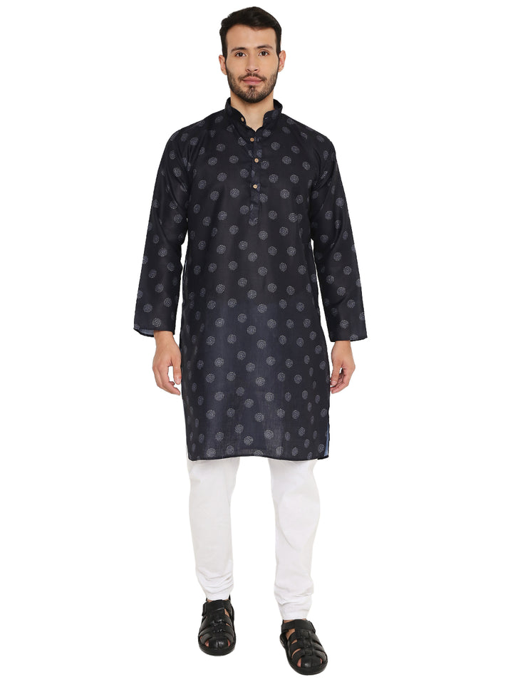 Printed Linen Kurta in Blue with mandarin collar and wooden buttons, ideal for casual wear and festive occasions.
