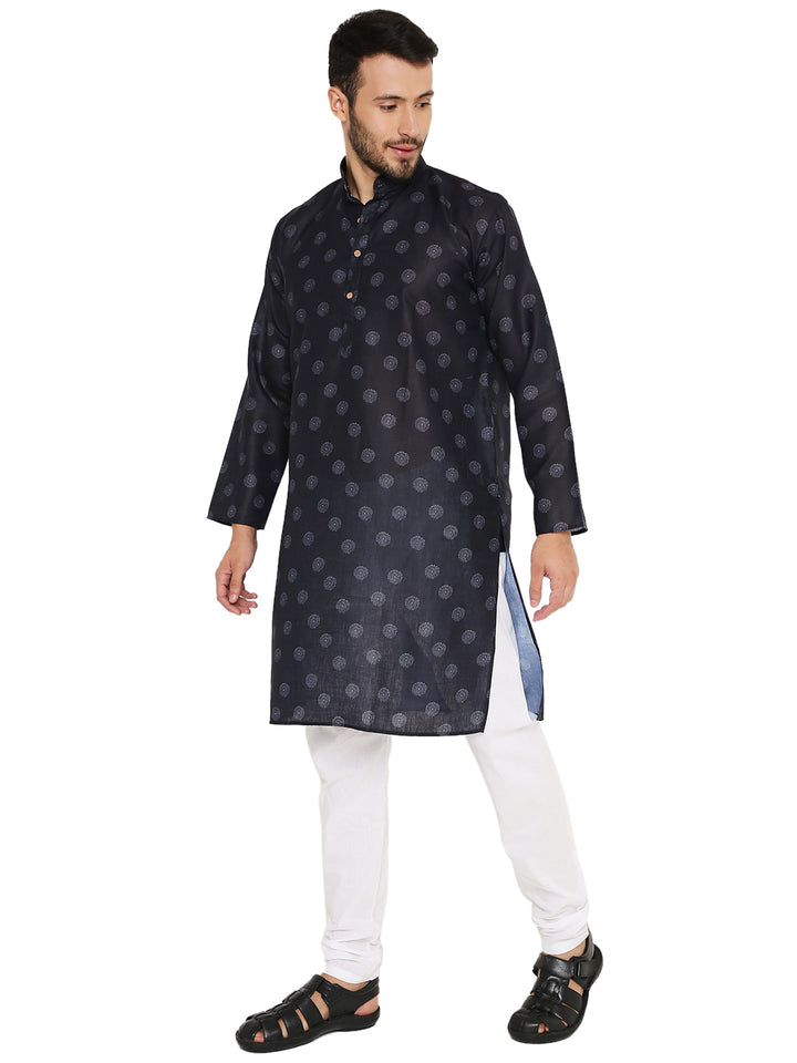 Blue Linen Kurta Set featuring elegant all-over print and side slit, perfect for traditional and casual gatherings.