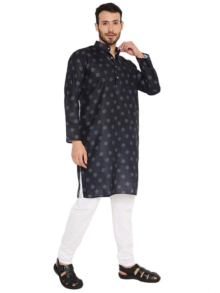 Soft and breathable Printed Linen Kurta in Blue styled with white churidar, designed for comfort and style.