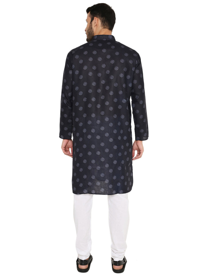 Back view of Blue Printed Linen Kurta showcasing full-sleeve design and relaxed fit for everyday ethnic wear.