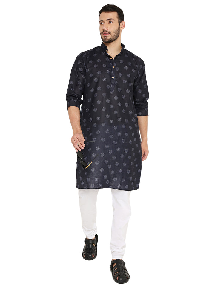 Model wearing Blue Linen Kurta Set with subtle prints, styled for casual elegance and festive charm.