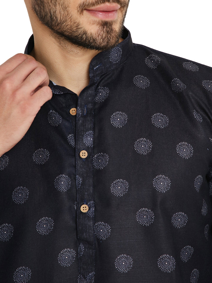 Close-up of Blue Printed Linen Kurta highlighting detailed circular motifs and wooden button placket.