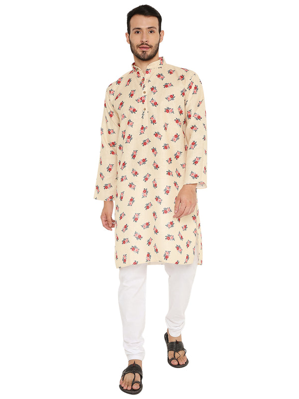 Floral Linen Kurta in yellow with red rose print, ideal for summer events. Features a straight cut and mandarin collar for traditional elegance.