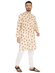 Men's Floral Printed Linen Kurta Pyjama Set in Yellow for Men [MSKP161]