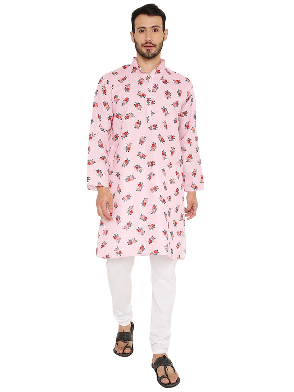 Floral Linen Kurta - Pink Summer Floral Kurta for Day Wear featuring rose prints, paired with white churidar for a breezy ethnic look.