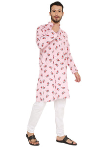 Men's Floral Printed Linen Kurta Pyjama Set in Pink for Men [MSKP162]