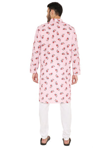 Men's Floral Printed Linen Kurta Pyjama Set in Pink for Men [MSKP162]
