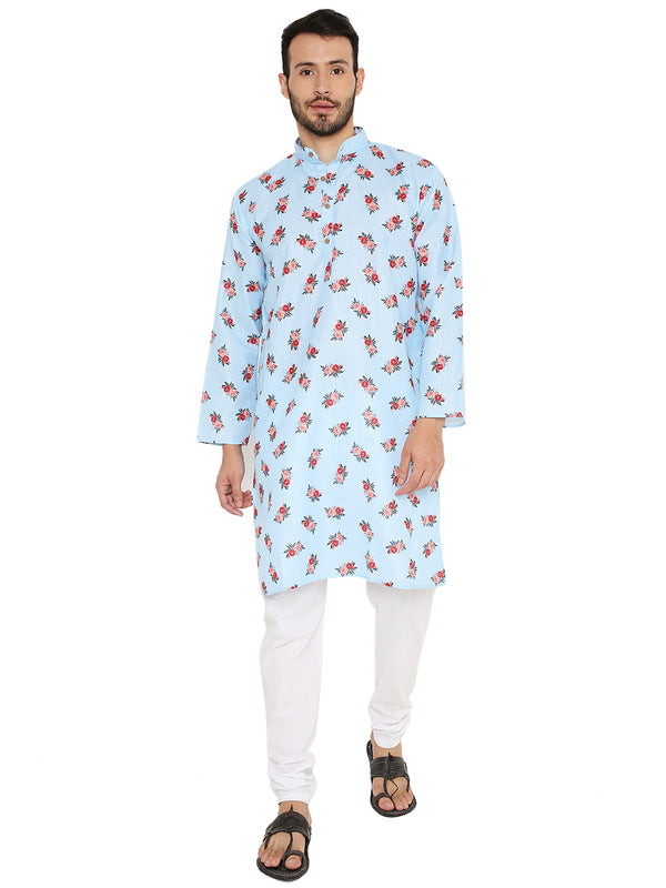 Floral Printed Linen Kurta - Blue Dress in pure linen fabric featuring red rose motifs, styled with white churidar for traditional occasions.