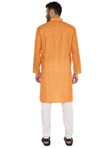 Men's Traditional Print Linen Kurta Pyjama Set in Orange for Men [MSKP164]