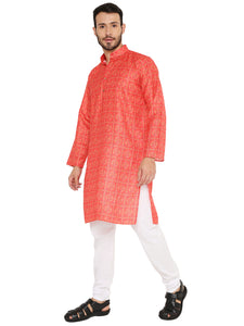 Men's Traditional Print Linen Kurta Pyjama Set in Red for Men [MSKP165]