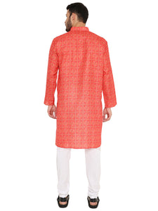 Men's Traditional Print Linen Kurta Pyjama Set in Red for Men [MSKP165]