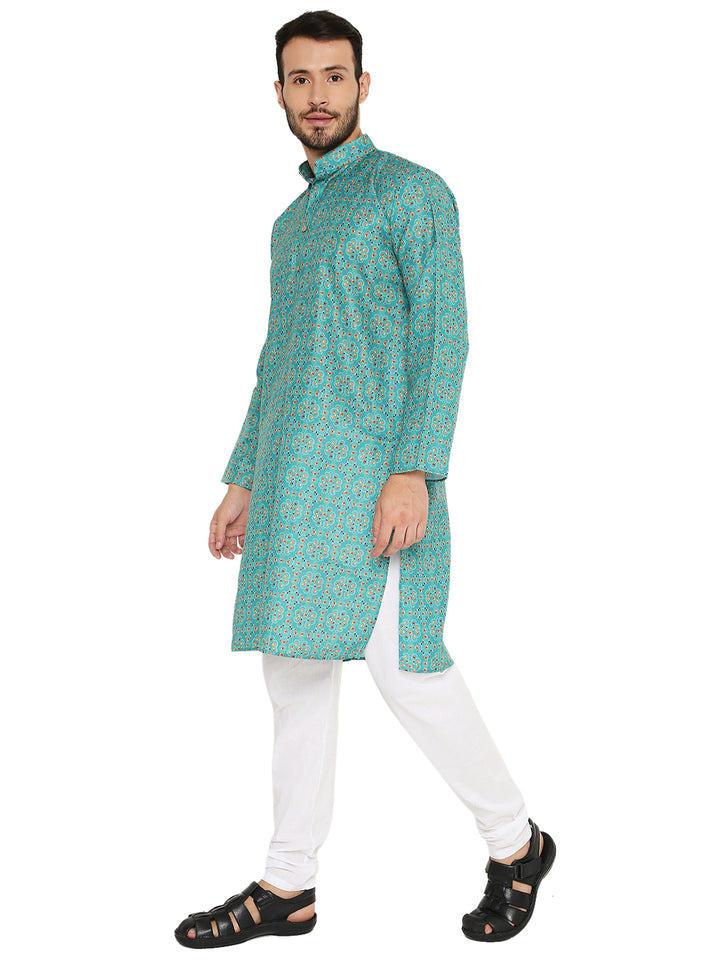 Side view of green traditional print linen kurta, showcasing its relaxed fit and ethnic charm for ceremonial wear.