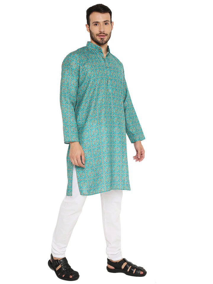 Angled front view of green linen kurta with classic motifs, ideal for traditional events and summer comfort.