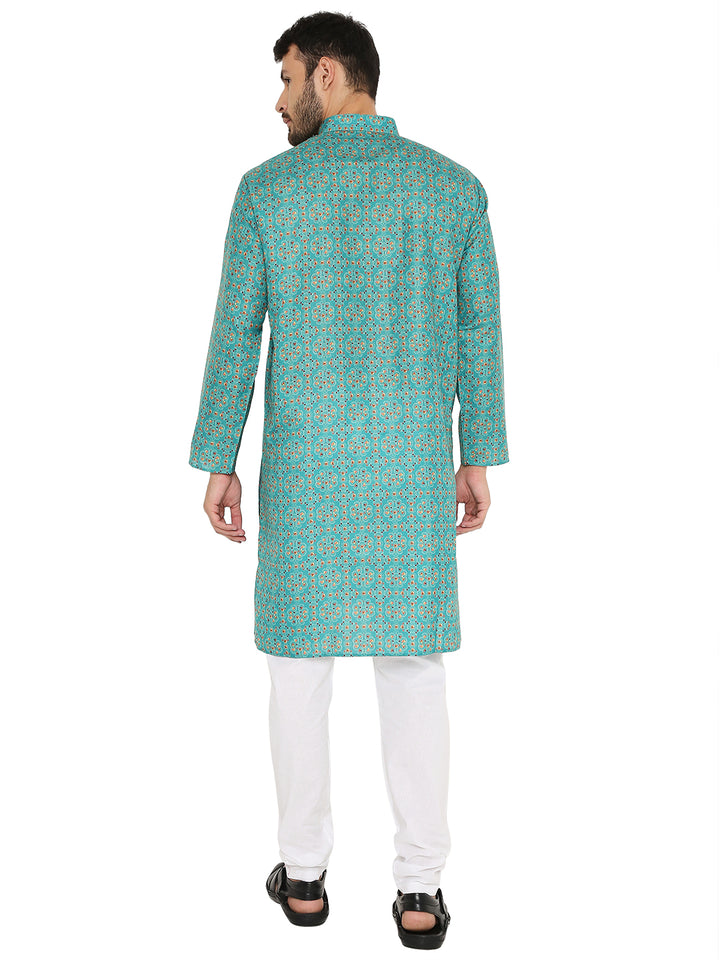 Back view of green linen kurta with all-over traditional print, highlighting its straight cut and breathable fabric.