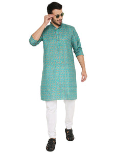 Men's Traditional Print Linen Kurta Pyjama Set in Green for Men [MSKP166]