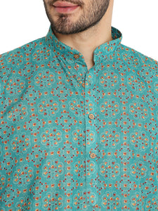 Men's Traditional Print Linen Kurta Pyjama Set in Green for Men [MSKP166]