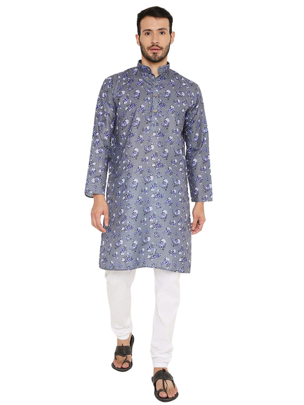 Dark grey floral linen kurta set for men with long sleeves and mandarin collar, ideal for traditional summer wear.