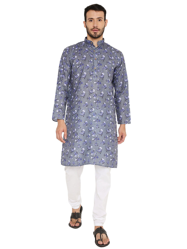 Dark grey floral linen kurta set for men with long sleeves and mandarin collar, ideal for traditional summer wear.