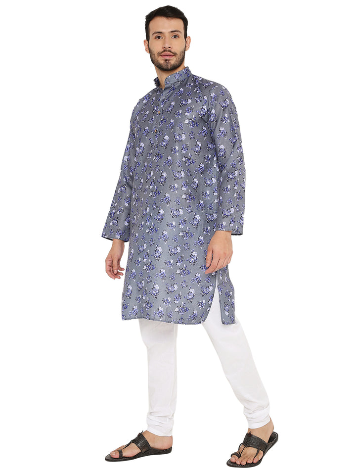 Side view of breathable dark grey floral print linen kurta set, perfect for festive and ceremonial occasions.
