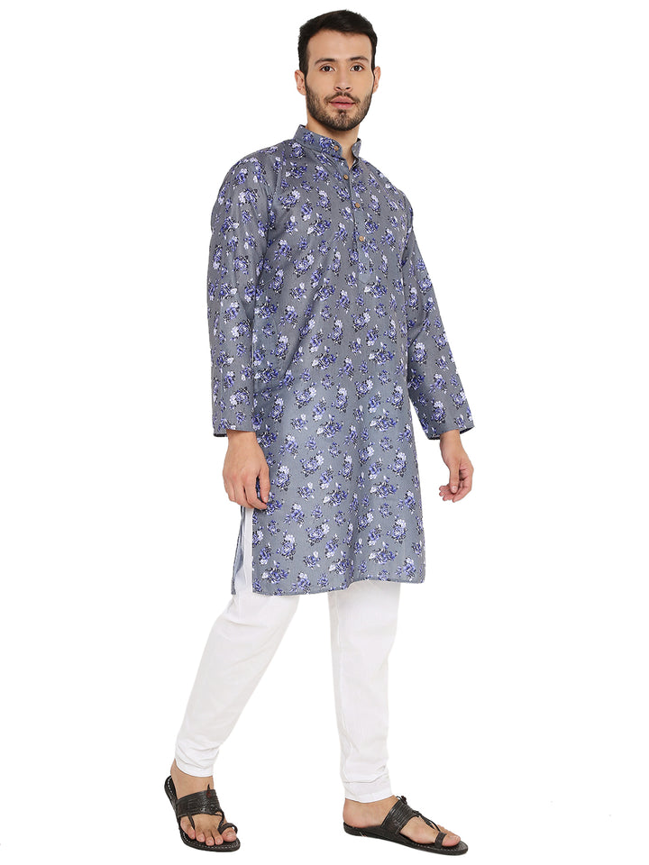 Elegant dark grey kurta with blue floral prints in pure linen, styled for comfort and traditional appeal.