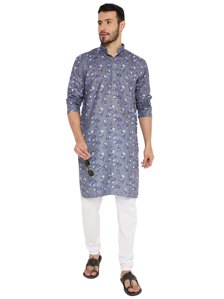 Stylish dark grey floral linen kurta paired with white churidar, ideal for summer events and traditional gatherings.
