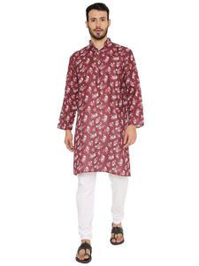 Men's Floral Print Linen Kurta Pyjama Set in Maroon for Men [MSKP168]