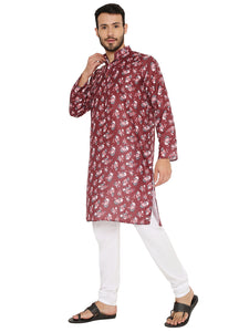 Men's Floral Print Linen Kurta Pyjama Set in Maroon for Men [MSKP168]