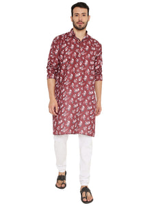 Men's Floral Print Linen Kurta Pyjama Set in Maroon for Men [MSKP168]